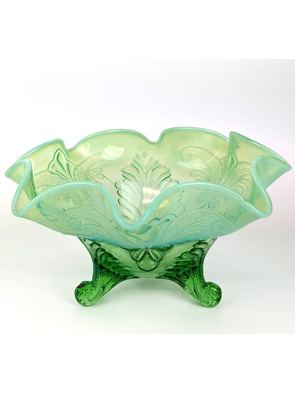 Antique Dugan Palm and Scroll Green Opalescent Footed Bowl Uranium Glow EAPG 8"